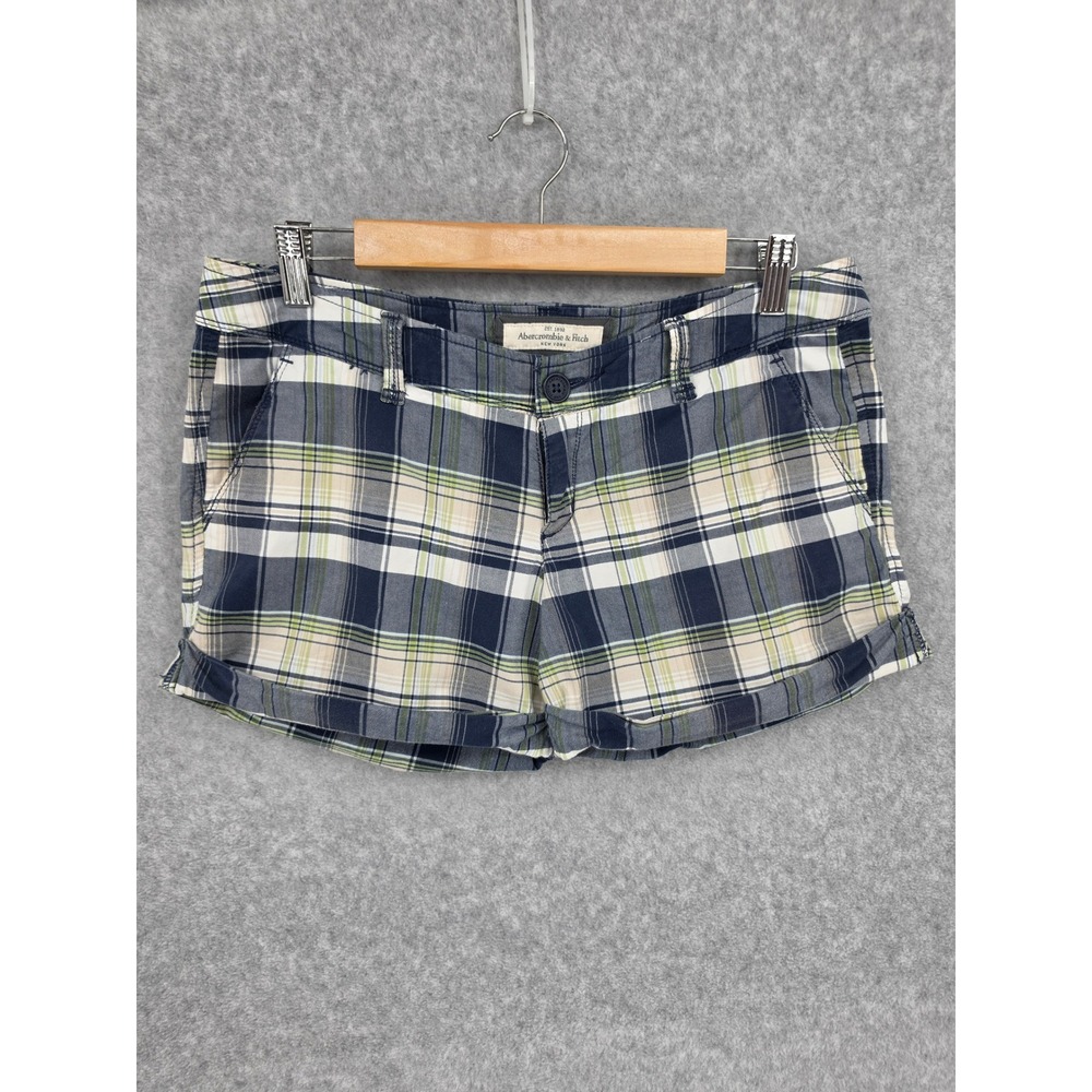 Abercrombie & Fitch Y2K Plaid Cuffed Stretch Mini Shorts 6 Low Rise Blue Preppy